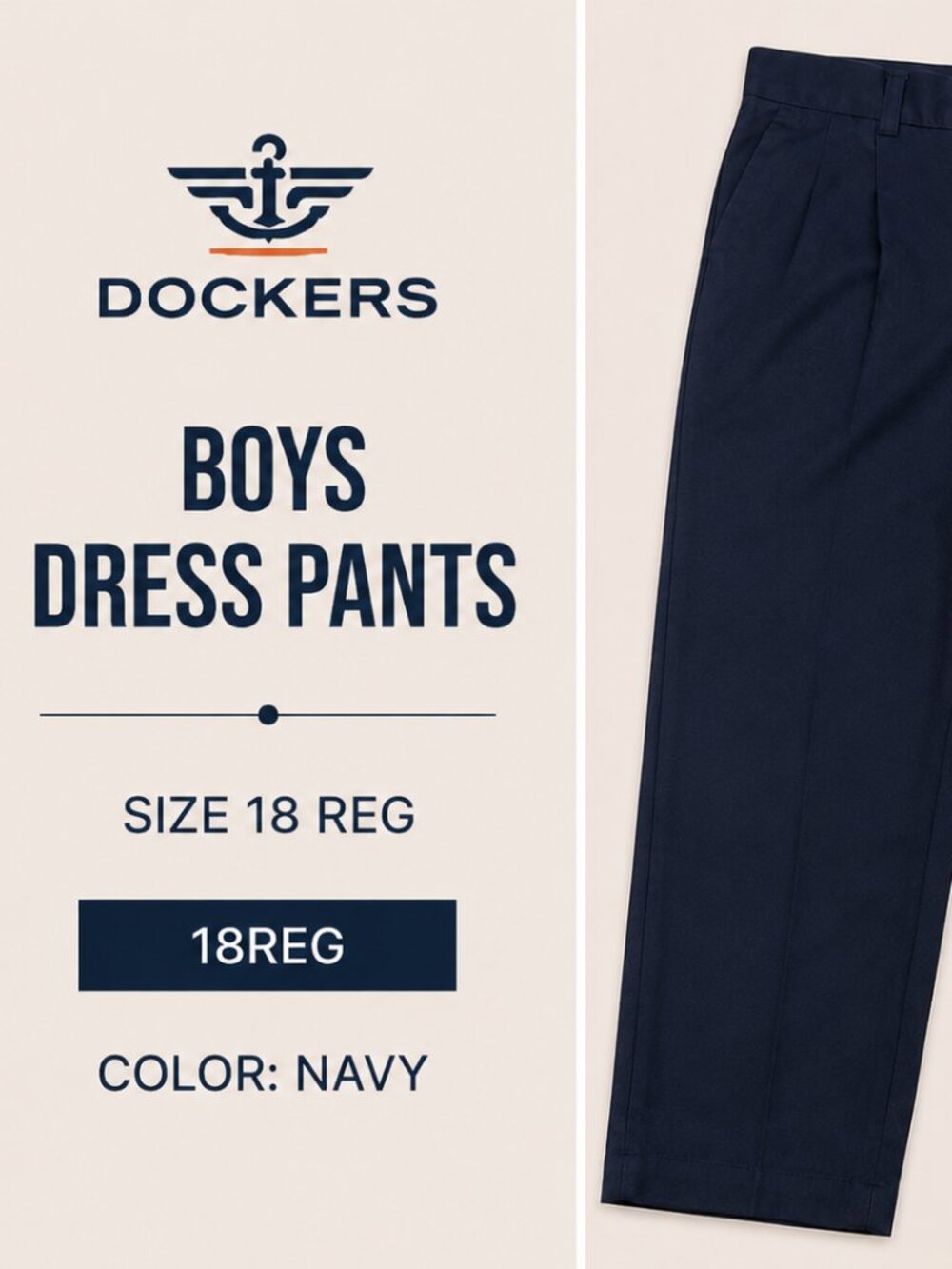 Dockers Boys Navy Dress Pants Size 18 Reg Flat Front Uniform School